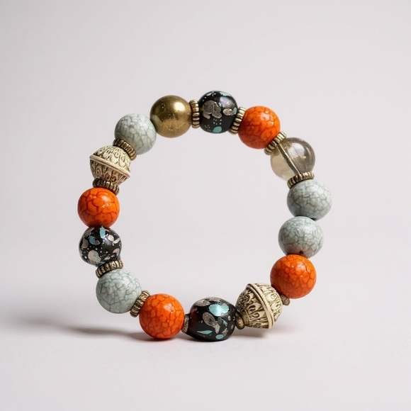 Boutique Boho Colorful Blue Orange Gray Gold Black Stone Elastic Bracelet - Picture 1 of 4